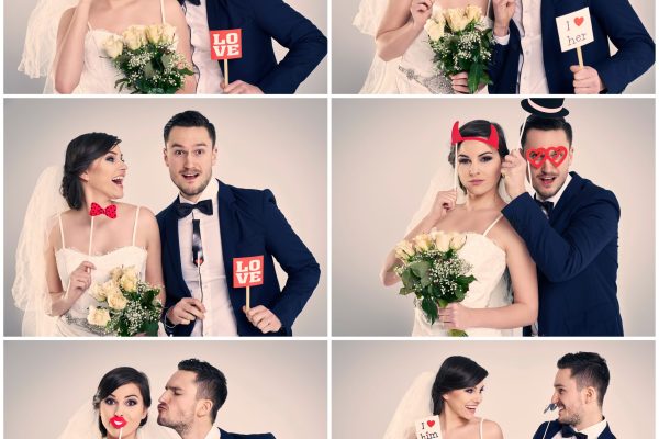 Bride and bridegroom making funny faces