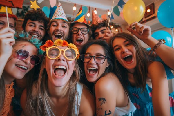 A group of friends posing for a silly photo with funny props at a lively birthday party, their laughter infectious.